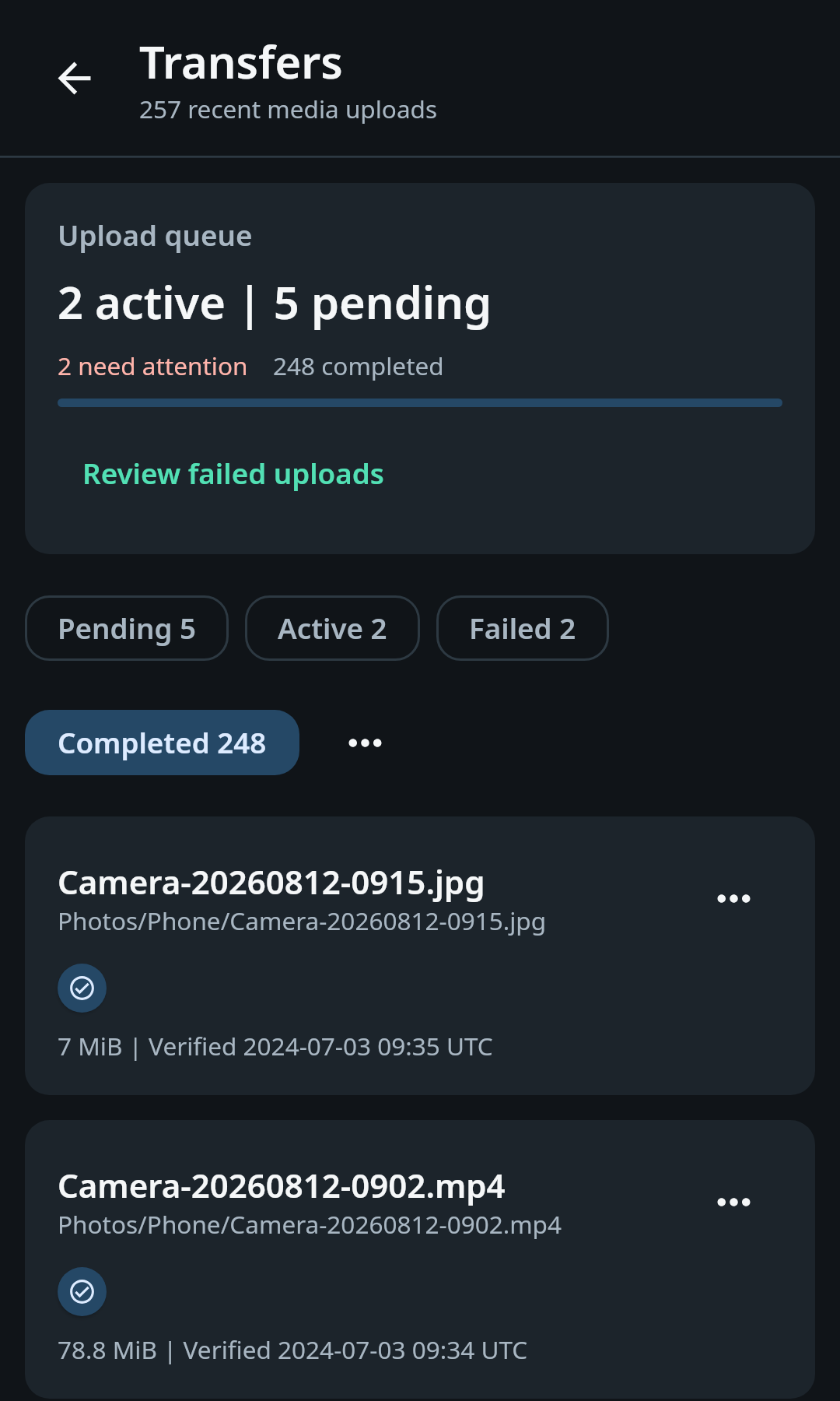 nati.ve Android Media transfers with Completed selected and Camera photos and video carrying completed status icons