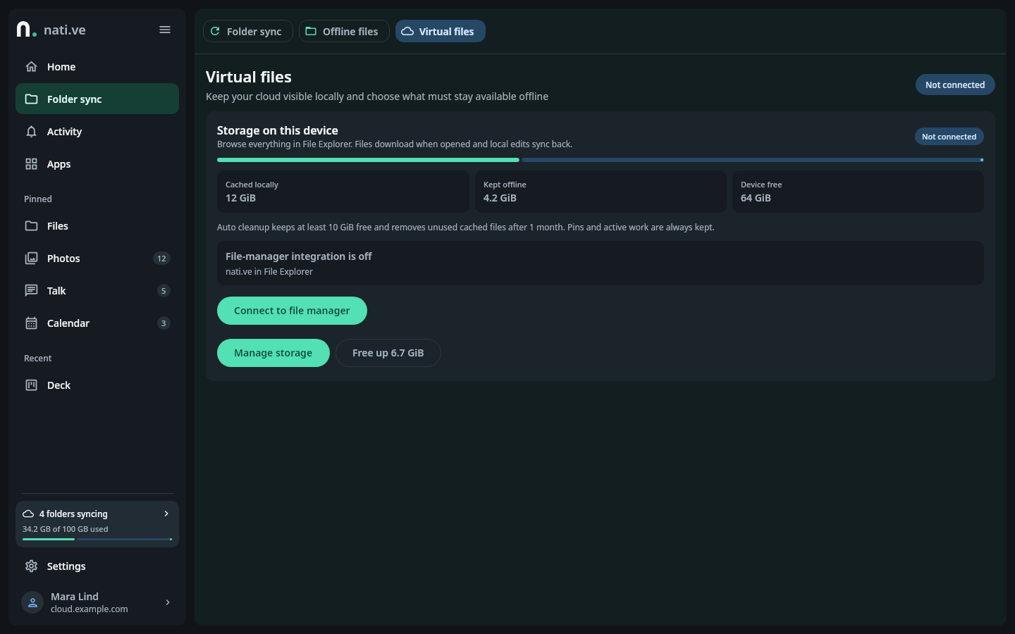 nati.ve Windows sync and storage settings showing virtual files, account storage, local cache, and the system-integration action